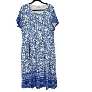 Pink Daisy Blue White Floral Midi Dress Womens 2X Short Sleeve Modest Spring